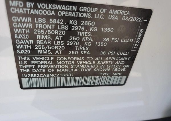 Volkswagen Atlas cena 82000 przebieg: 12974, rok produkcji 2022 z Świdnik małe 79